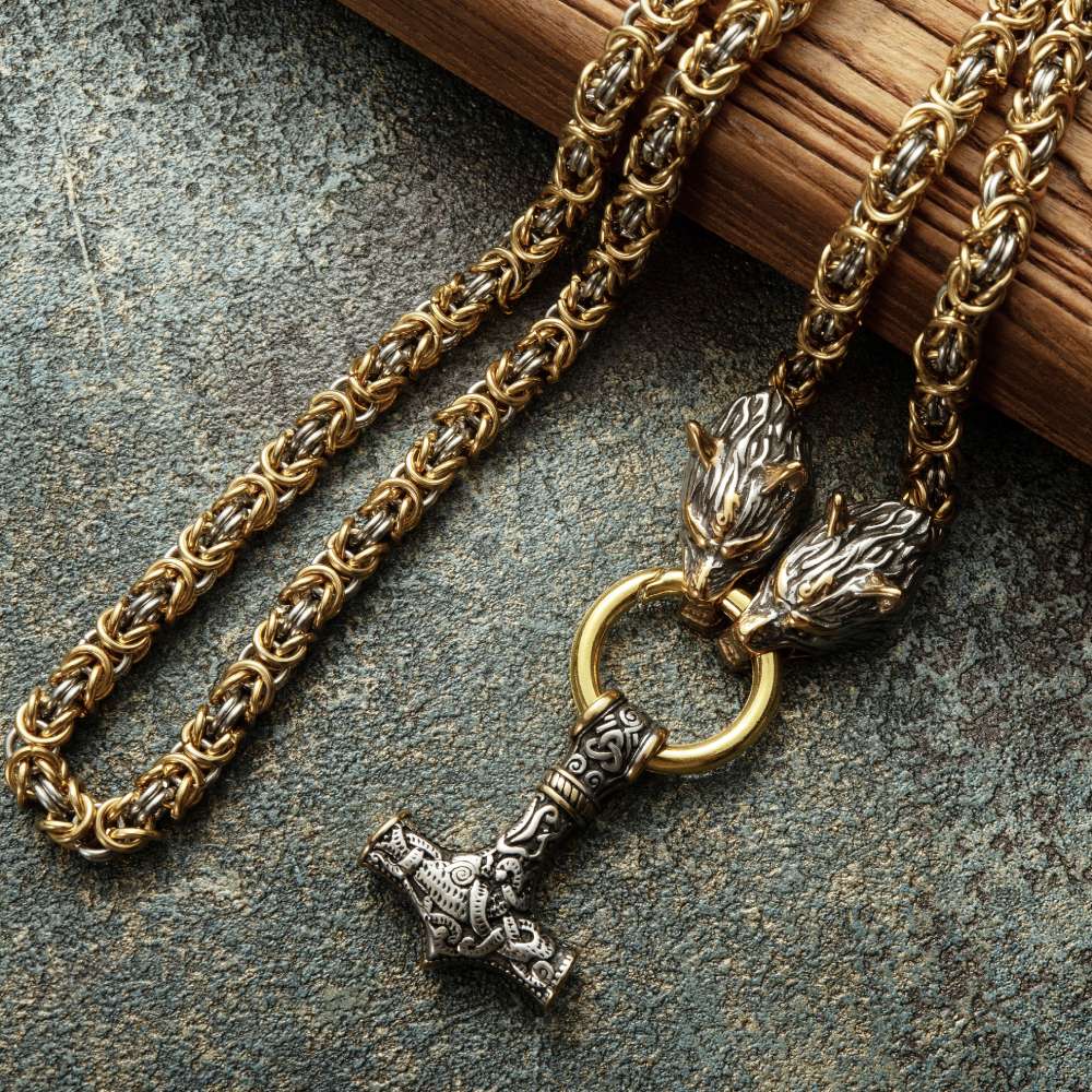 Vikings Wolf Head Mjolnir Byzantine Chain With Stainless Steel Necklace