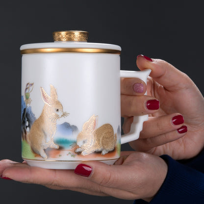 Two Rabbits Mutton Fat Jade Porcelain Mug