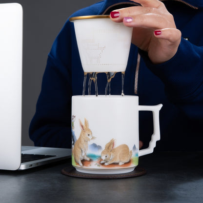 Two Rabbits Mutton Fat Jade Porcelain Mug