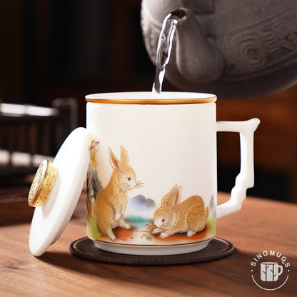 Two Rabbits Mutton Fat Jade Porcelain Mug