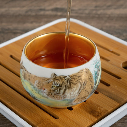 Tiger Tea Cup - Mutton Fat Jade Porcelain