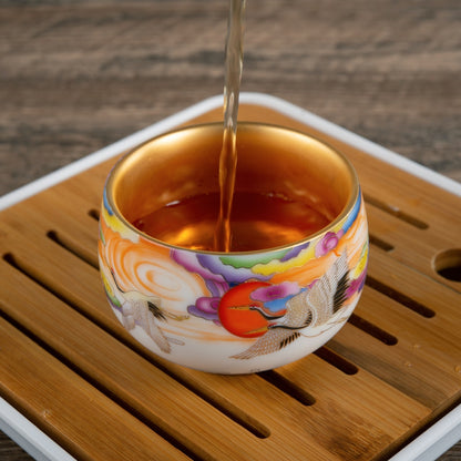 Crane Tea Cup - Mutton Fat Jade Porcelain