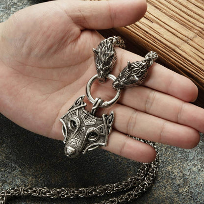 Viking Wolf Head Silver & Gold Stainless Steel Pendant Necklace Set – Men's