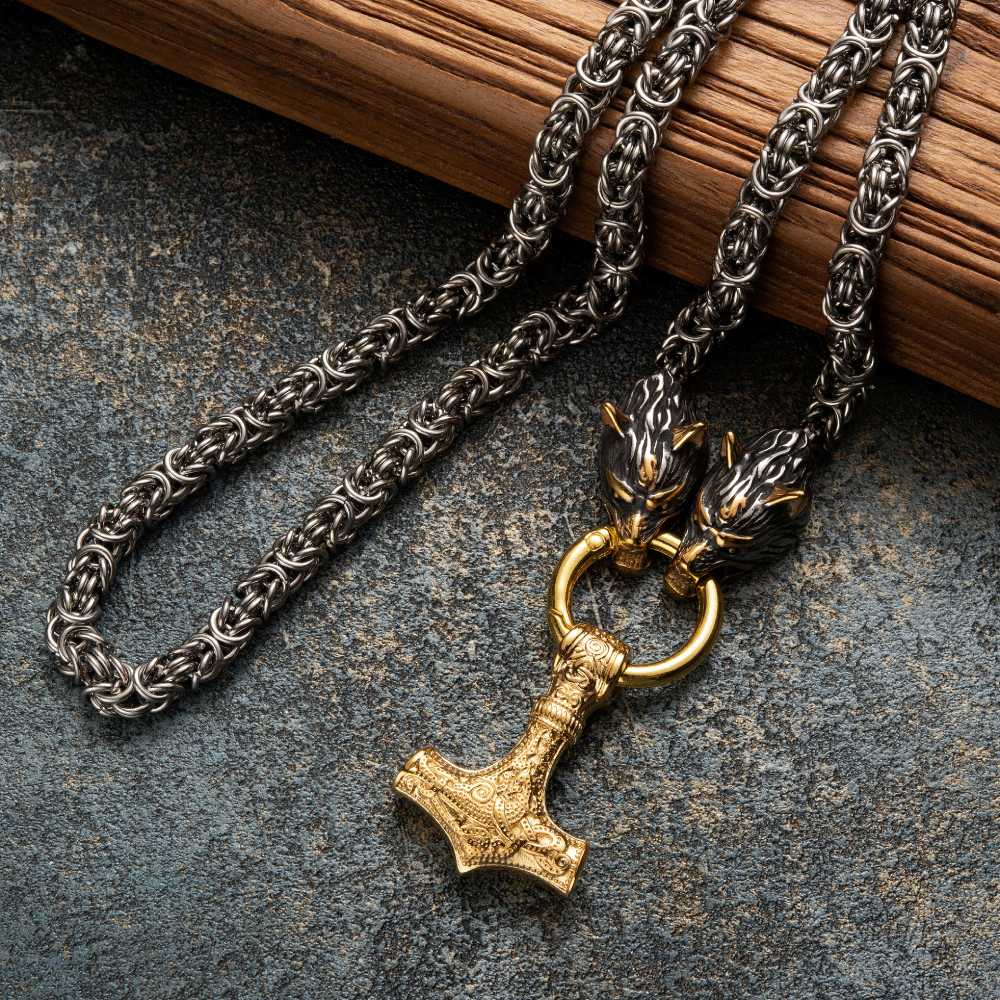 Vikings Wolf Head Mjolnir Byzantine Chain With Stainless Steel Necklace